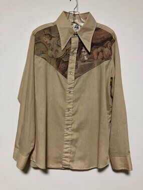 Vtg 70s Kennington Mickey Mouse Tapestry Yoke Western Pearl Snap Shirt Mens XL